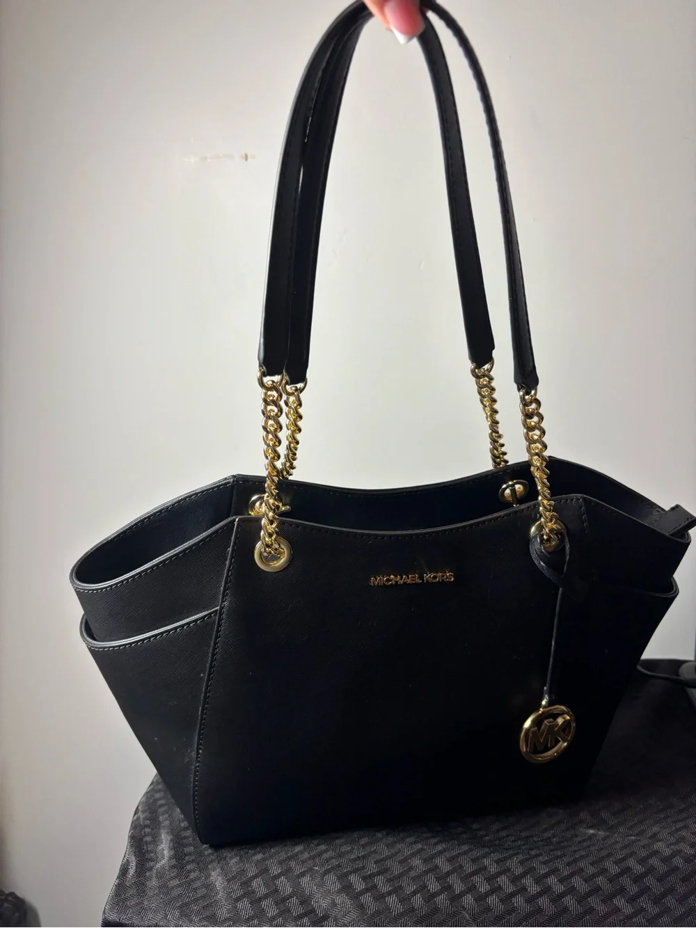 Michael Kors Black Leather Tote with Gold Chain Handles